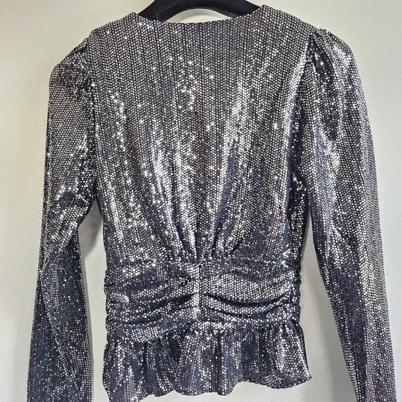 New BA&SH Mae Sequin Top Long Sleeve V Neck Peplum Party Sparkle Noir Black XS - Picture 15 of 17